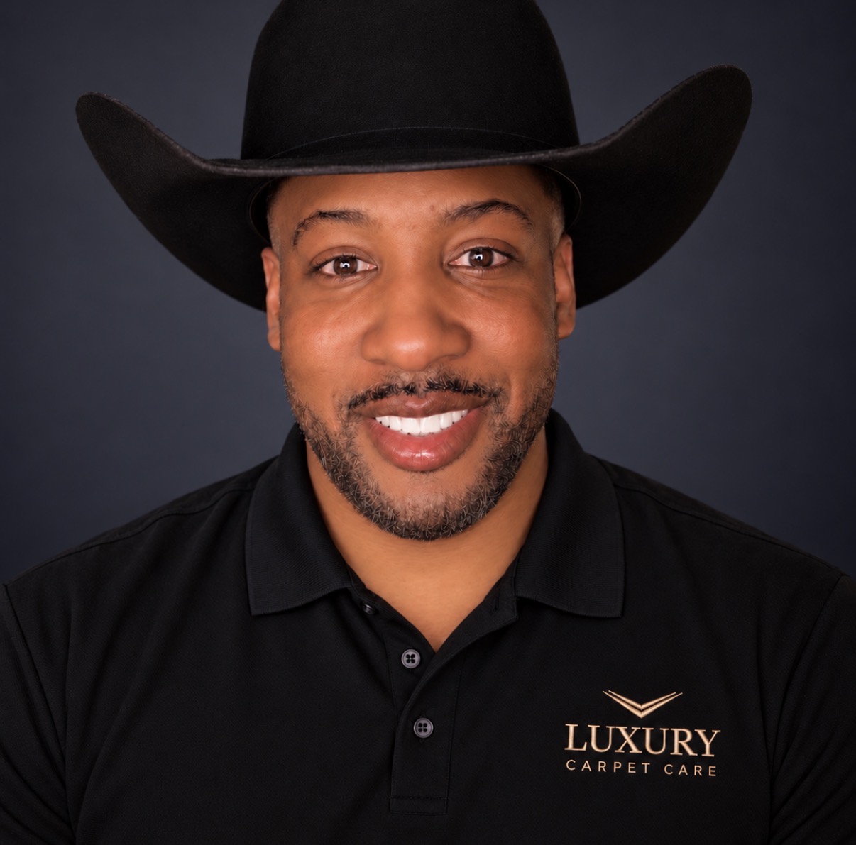 Travis of Luxury Carpet Care wearing a branded black polo and black hat